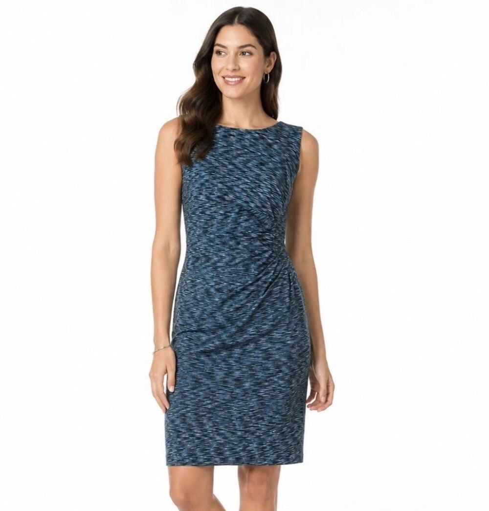 Calvin Klein Blue Black Ruched Sheath Dress Women’s Small Career Knee Stretch
